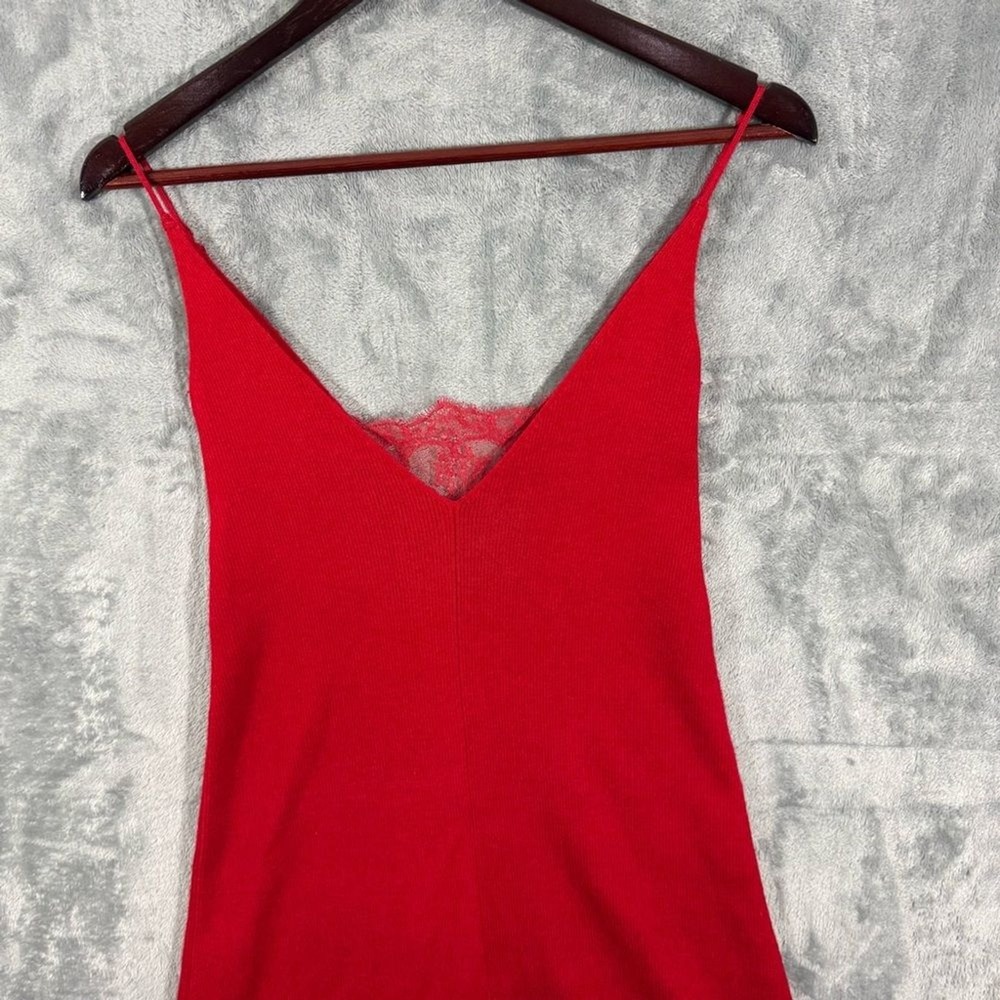Ryan Roche Ribbed Knit Red Dress Lace Trim V-Neck Womens Small Knee Length - Picture 12 of 14